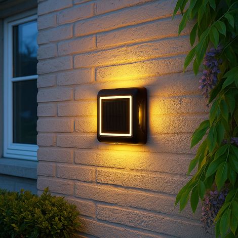 Lampada solare nera da esterno lampada da parete lampada da giardino faretto a terra picchetto a terra, dimmer a 3 livelli, plastica alluminio, 1x LED bianco caldo, LxLxH 14x14x3,6 cm