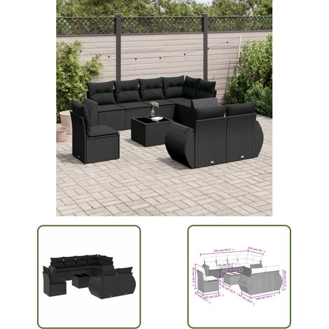 The Living Store 9-tlg. Garten-Sofagarnitur mit Kissen Schwarz Poly Rattan - Gartenmöbel Set - PE-Rattan Möbel - Outdoor Lounge - Esstisch - Gartenstuhl (1/3)