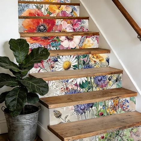Lot de 15 autocollants d'escalier vintage - Fleurs sauvages - En plastique - 100 x 18 cm - Carrelage autocollant - Décoration murale pour la maison, la salle de bain, les marches, le sol (1/5)