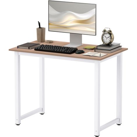 Computer Desk, Writing Table, 100 x 60 x 76cm Workstation for Home Office, Study Metal Frame, Simple Assembly, White (1/5)