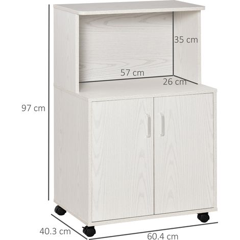 Meuble de cuisine multifonction à roulettes, comprenant un placard et une étagère pour micro-ondes, buffet haut en aggloméré, 60,4 x 40,3 x 97 cm, blanc (1/5)