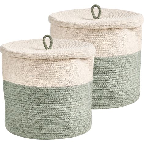 Conjunto de 2 cestas de algodón 32 cm a rayas tapa accesorios boho beige/verde Silopi
