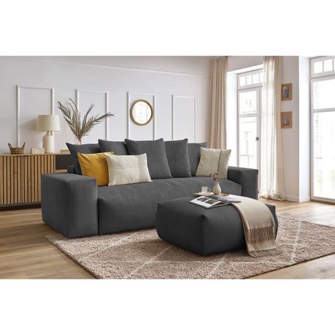 BOBOCHIC - Canapé droit convertible coffre VOLTAIRE avec pouf   Gris foncé (1/5)