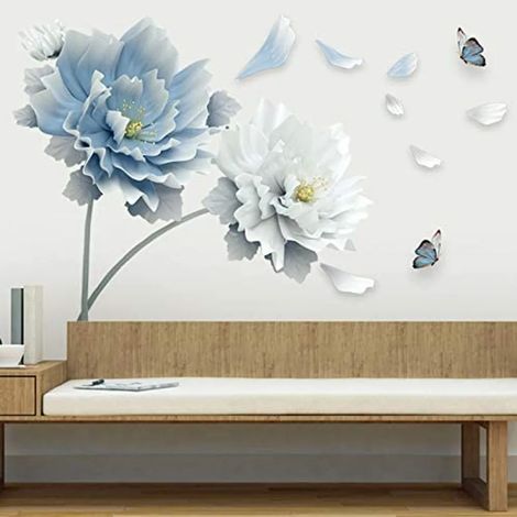 Autocollant mural Pivoine bleue et blanche, sticker fleur déco pour salon et chambre, adhésif mural artistique réutilisable, tableau mural design, décoration intérieure moderne, 1 pièce. (1/5)