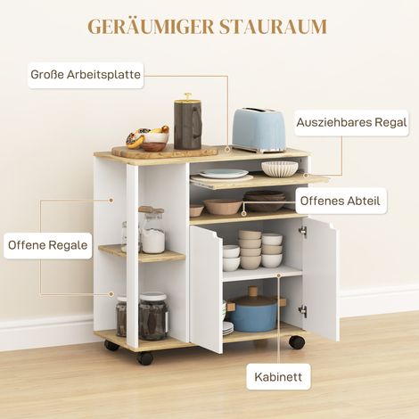 Chariot de cuisine mobile blanc avec rangement, armoire et étagères ajustables, idéal pour cuisine, salon et salle à manger (1/4)