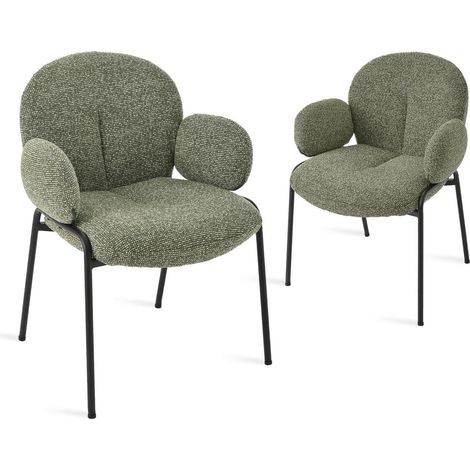 Lot de 2 chaises de salle à manger vertes avec accoudoirs, dossier haut, tissu lin, pieds réglables (1/5)