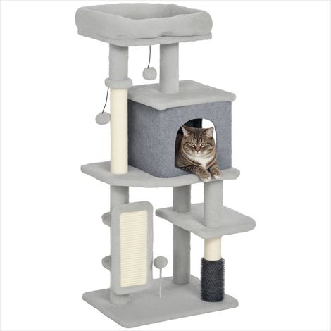 Arbre à chat gris clair 104 cm avec lit et griffoir sisal (1/5)