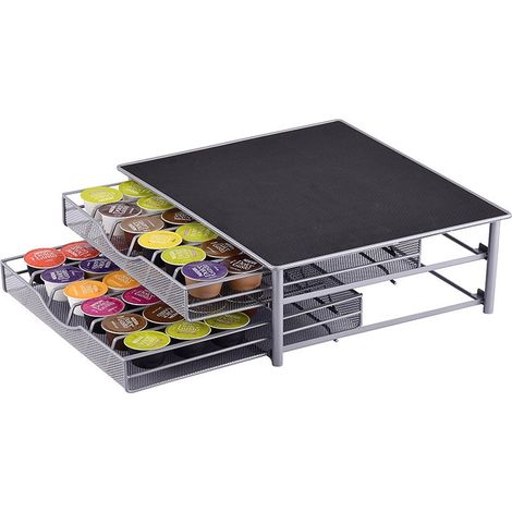 Boîte de rangement pour capsules, organiseur de dosettes de café type tiroir, métal double couche gris argenté (peut contenir 72 capsules Dolce Gusto)