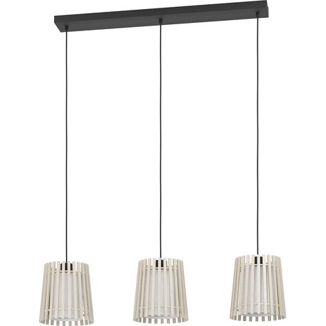 Lampadario A Sospensione Contemporaneo Fattoria Acciaio Nero Legno 3 Luci E27