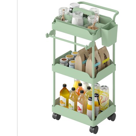 Chariot de cuisine 3 niveaux avec paniers amovibles et porte-serviettes vert