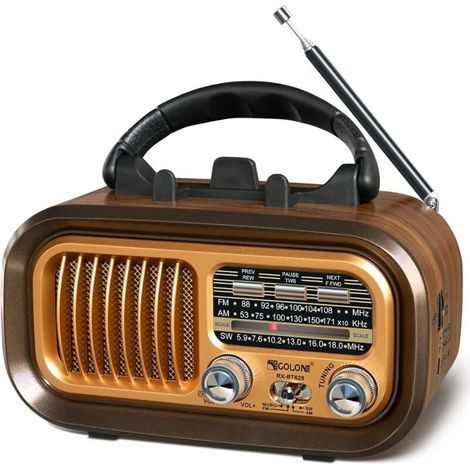 Radio portable vintage Bluetooth FM/AM Réception DSP Antenne télescopique Lecteur MP3 USB SD Alimentation secteur et piles (1/5)