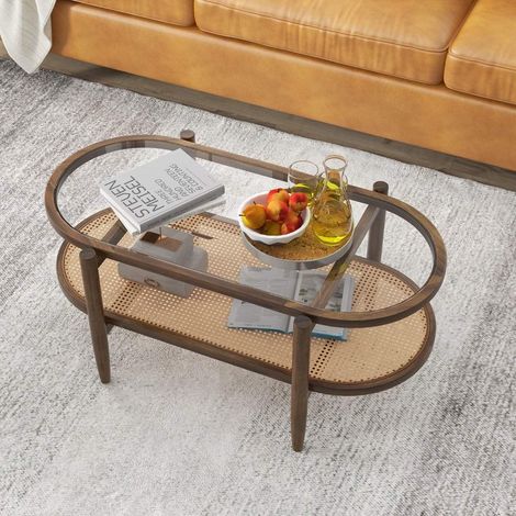 Couchtisch beistelltisch mit glas tischplatte rattan ablage 102 x 56 x 47 cm braun