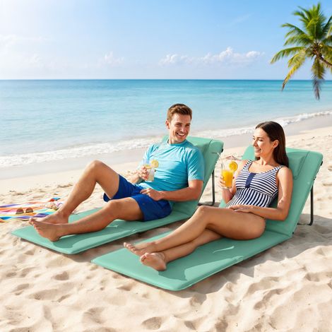 Set mit 2 faltbaren Strandmatten mit verstellbarer Rückenlehne und gepolsterter Kopfstütze, 146 x 50 x 2 cm, Grün