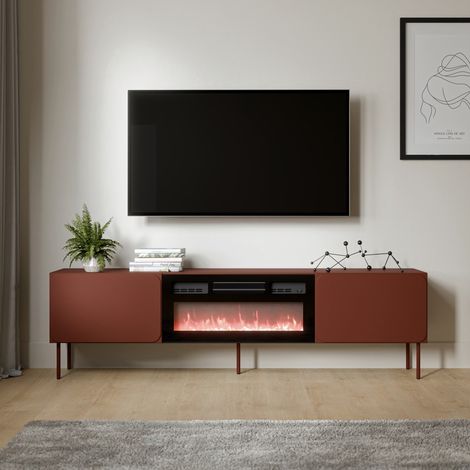 Mueble TV Vermezzo, un Estante, 2 Puertas, Chimenea Incluida, 200x42x57h cm Marrón Terracota (1/4)