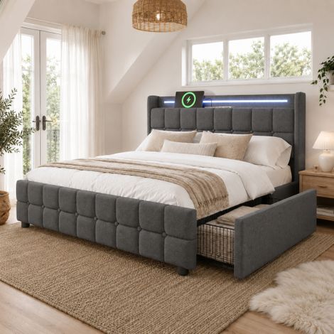 Letto imbottito con funzione di ricarica USB, testiera, illuminazione a LED e 4 cassetti letto matrimoniale 140x200 cm struttura letto con contenitore rete a doghe in legno colore grigio (materasso no (1/5)