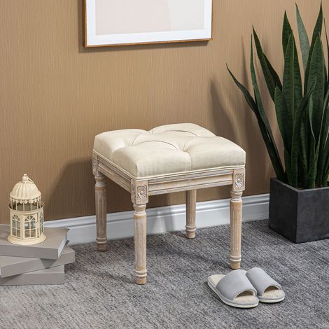 Vintage-Fußhocker für Wohnzimmer, Schlafzimmer und Schlafzimmer, mit gestepptem Sitz und geschnitzten Holzbeinen, 40 x 40 x 43 cm, Beige