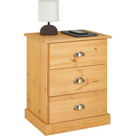 Idimex – Table de chevet en pin massif lasuré brun – 3 tiroirs avec poignées coquille – Dimensions intérieures tiroirs 37x17x31 cm