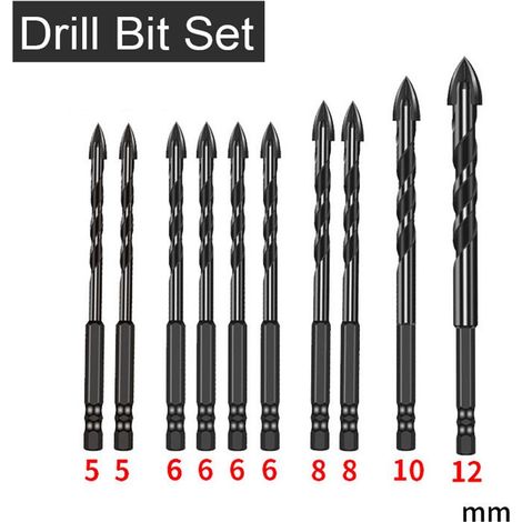 Ej.Life Lot de 10 forets en carbure de tungstène pour pierre, carrelage, brique, céramique, verre, métal, plastique, bois, tige hexagonale à changement rapide, taille 5 mm, 6 mm, 8 mm, 10 mm, 12 mm (1/5)