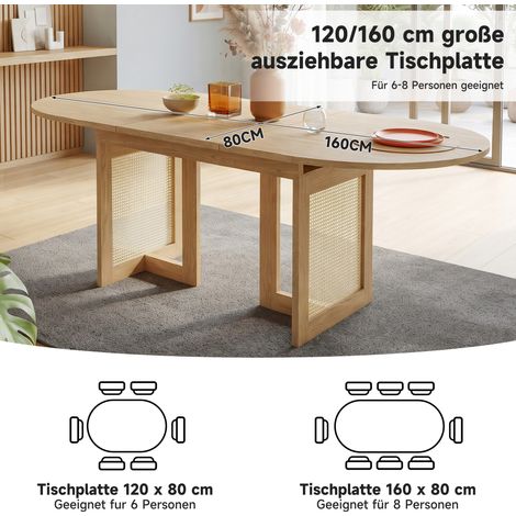 Table extensible 120/160 x 80 cm pour 6 à 8 personnes, angle arrondi, plateau épais, design sobre, pieds en rotin, finition chêne (1/5)
