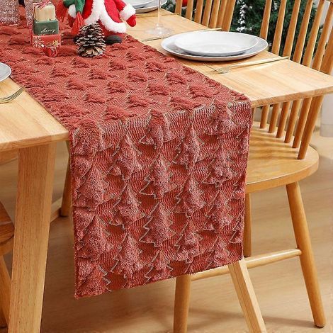 Chemin de table de Noël en fausse fourrure douce jacquard beige, motif sapin de Noël, décoration automnale pour la table à manger et les fêtes à la maison.