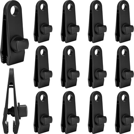 Lot de 12 tendeurs de bâche - Noir - Clips de fixation pour bâche de tente - Clips en plastique pour voile d'ombrage - Pinces pour bâche de piscine - Bannière - Voile d'ombrage (1/5)