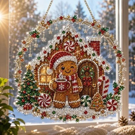 Nouvelle peinture diamant de Noël attrape-soleil - Maison en pain d'épice monocouche - 20 cm