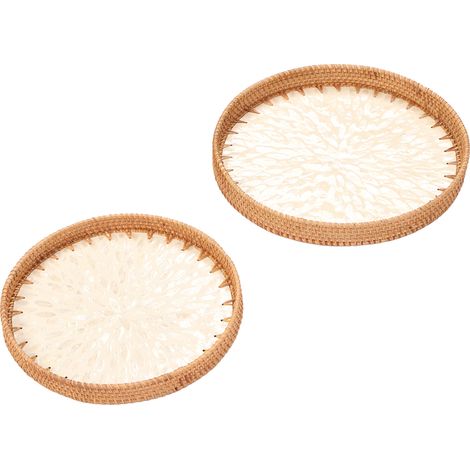 Lot de 2 plateaux de service ronds en rotin tressé, écologiques et faits main, style artisanal traditionnel, pour fruits et légumes, blanc.