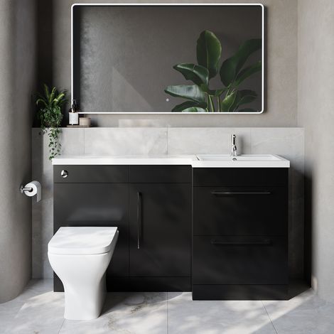 Napoli 390 Matt Black 1500mm 2 Drawer Vanity Unit Toilet Suite with Right Hand Square Lucia Basin - 1500mm - Chrome 320mm HandleWith Kingston Toilet Pan and Seat