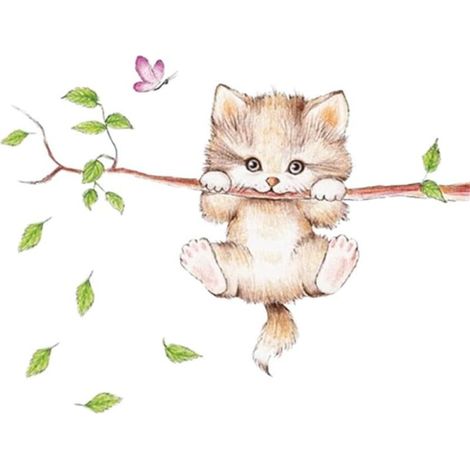 Pegatinas de pared de un lindo gato de dibujos animados en las ramas de un árbol, pegatinas de pared de gatitos removibles, calcomanía decorativa (1/5)