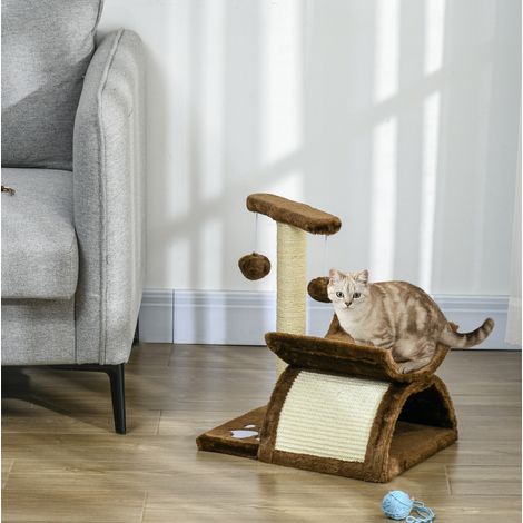 Arbol para gatos (40x30x43 cm), con túnel, plataforma giratoria, bola de peluche, sisal y peluche marrón (1/5)