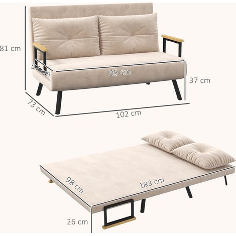 Canapé-lit 2 places en velours, fonction couchage, avec 2 coussins, aspect velours, naturel + beige + noir (1/5)