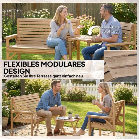 Lot de 3 sièges extérieur, meuble de terrasse avec orifice pour parasol, fauteuil de jardin, banquette, table démontable, 121 x 65 x 90 cm, bois naturel (1/4)