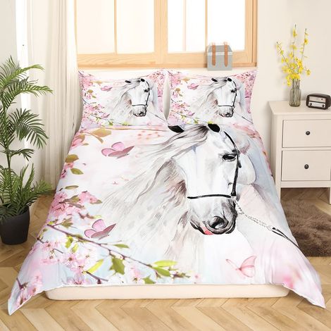 Parure de lit avec housse de couette 155 x 220 cm, motif cheval, fleurs de cerisier, motif 3D, blanc, motif : cheval, fleur, papillon, imprimé ferme, printemps, thème (1/5)
