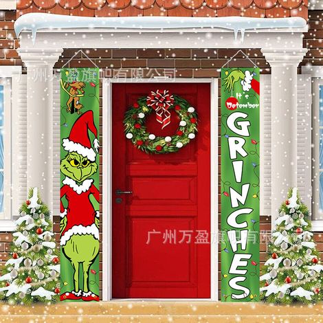 Christmas distichs, outdoor decorations, outdoor flags, Merry Christmas hanging fabric, festive atmosphere decoration, Grinch hanging flag 180 cm x 30 cm, 100D polyester fabric (1/5)