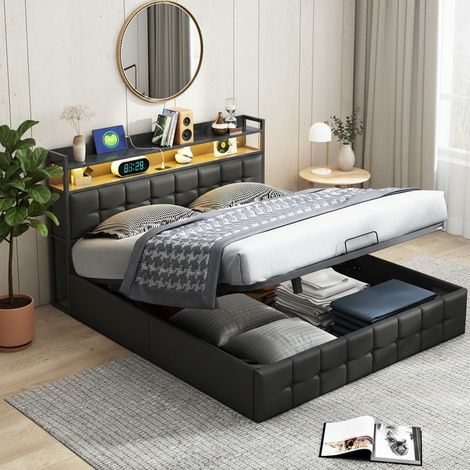 Lit coffre 140x190 cm, lit hydraulique, cadre en métal avec espace de rangement, tête de lit, Lumières LED intelligentes, USB, cuir - Noir (1/5)