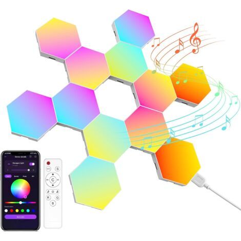 BUNTHAUS Panneau LED Hexagonal Gaming Murale Lampe— 12pcs Smart Music Sync Deco Modulaires RGB Lights App&Télécommande Contrôle Gaming Setup Hexagone Creative Appliques Murales [Classe énergétique F]