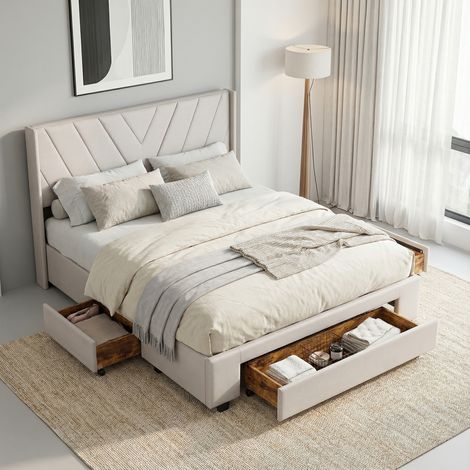 Lit adulte 140x200, 3 tiroirs, lit double capitonné, lit avec rangement en tissu lin, tête de lit design géométrique, style scandinave moderne(140x200cm, Beige)