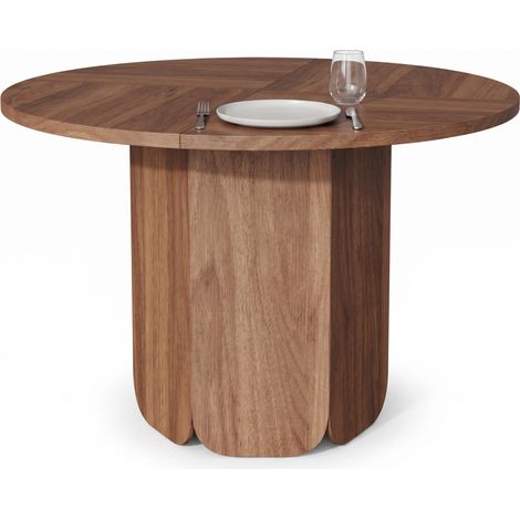 FurnitureR Table ronde de 120 cm effet noyer avec pied central sculptural, idéale pour créer un espace repas chaleureux pour 4 à 6 personnes (1/5)