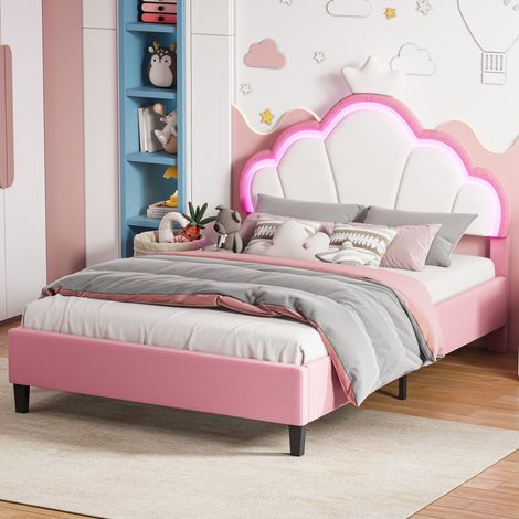 Lit Enfant capitonné 140x190 cm,Tête de Lit couronne avec LED RGB,hauteur réglable,Structure de lit,lit rembourré Velours Rose Blanc (1/5)