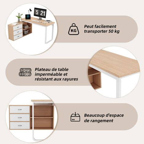 Bureau de travail en bois, bureau pour les bureaux, trois tiroirs, deux espaces ouverts pour ranger des objets. Structure métallique robuste. Plateau de bureau large et épais. Capacité de charge stabl (1/5)