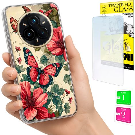 Coque pour Realme 14 Pro+ 5G / 14 Pro Plus 5G, coque arrière papillon avec protection en verre trempé. (1/5)