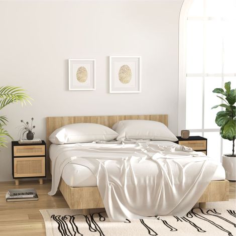 vidaXL Comodini 2 pz Neri in Legno Massello di Pino e Rattan Naturale