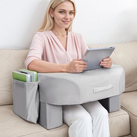 Coussin de Lecture Velours,Coussin Ergonomique Réglable pour Bras/Épaules pour Lit/Canapé/Bureau, Mousse Mémoire Respirante, Portable avec Poignée (Gris) (1/4)