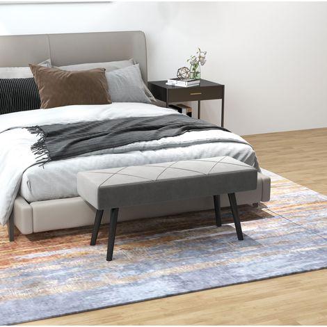 Banc rembourré effet velours gris 100 x 36 x 45 cm avec pieds en acier (1/5)