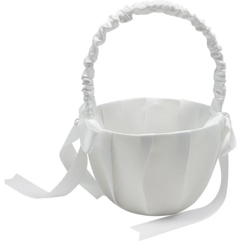 Weißer Satinblumenkorb für Bräute und Mädchen, Hochzeitskorb mit großer Schleife und Kristallperlen, romantische Dekoration, 22 x 13,5 x 13,5 cm, 90 g