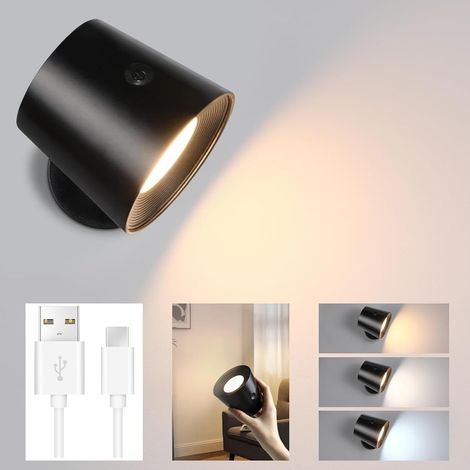Lampe murale à LED-GBLY Applique Murale Intérieur appliques à batterie, contrôle tactile, 3 températures, USB, rechargeables, spots muraux, rotation, à 360°, pour salon (1 pièce Noir)