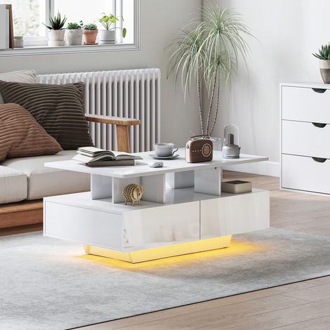 Mesa de Centro LED Moderna con 4 Cajones Estante Abierto y Luces LED de 16 Colores para Salón 90x55x41 cm Blanco Brillo (1/5)