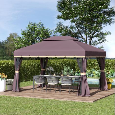 Pérgola de jardín 390 x 290 x 280 cm con 4 lados, mosquitera, aluminio, marrón (1/5)