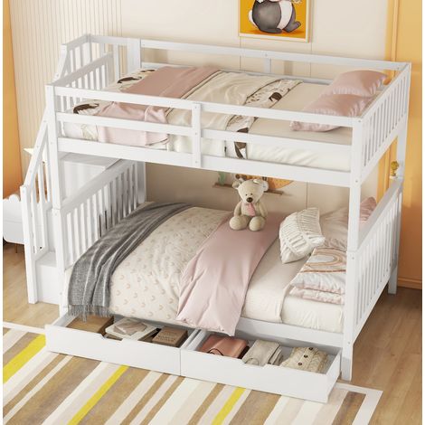 Letto a castello Letto per bambini e ragazzi 140 x 200 cm con ripiano a scala, 2 cassetti, sponde alte, bianco (1/5)