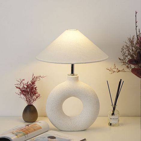 Lampe de table Boho, lampe de chevet en céramique, lampe de bureau à intensité variable avec abat-jour en tissu (ampoule incluse) (1/5)